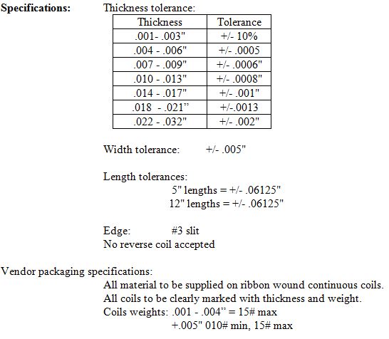 Brass feeler gage tolerances